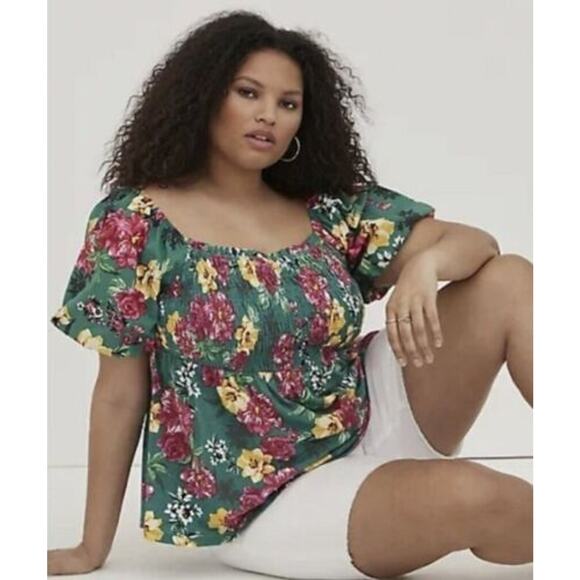 Torrid Green Red Yellow Smocked Floral Poplin Women's Blouse Top 6 NWT - Picture 1 of 7